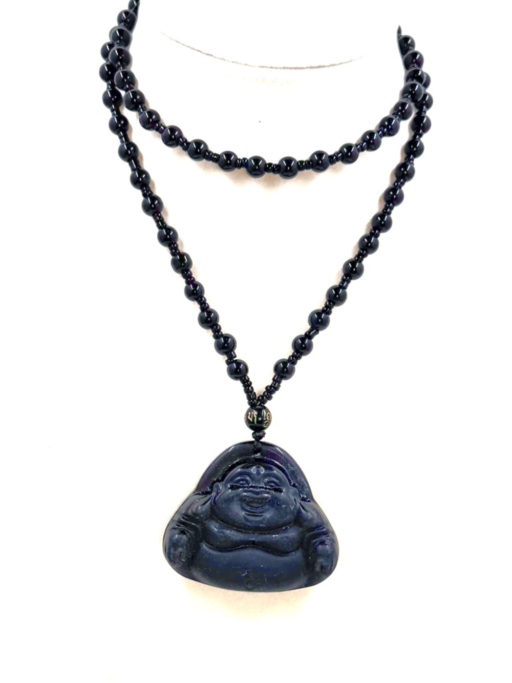 Black Hand Carved Glass Buddha Pendant & 26” Beaded & Hand Knotted Necklace